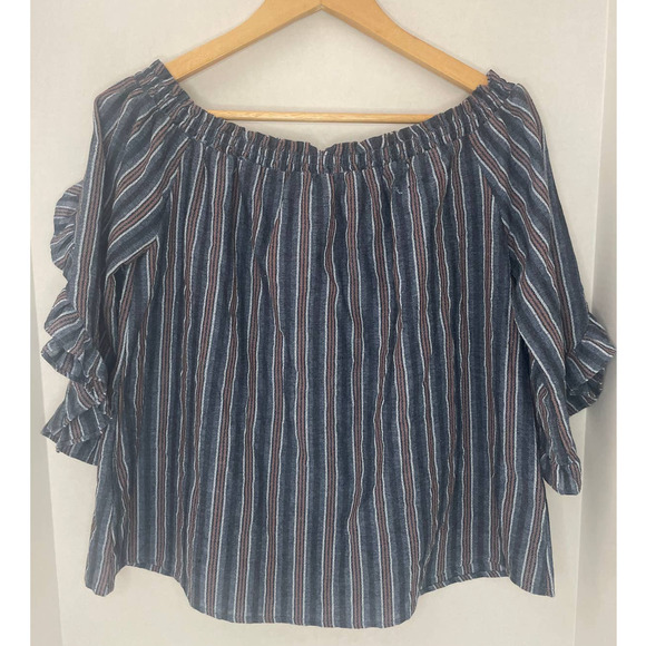 Hem & Thread Blanket Stripe Cold Shoulder Button Top Size Small - Picture 8 of 9